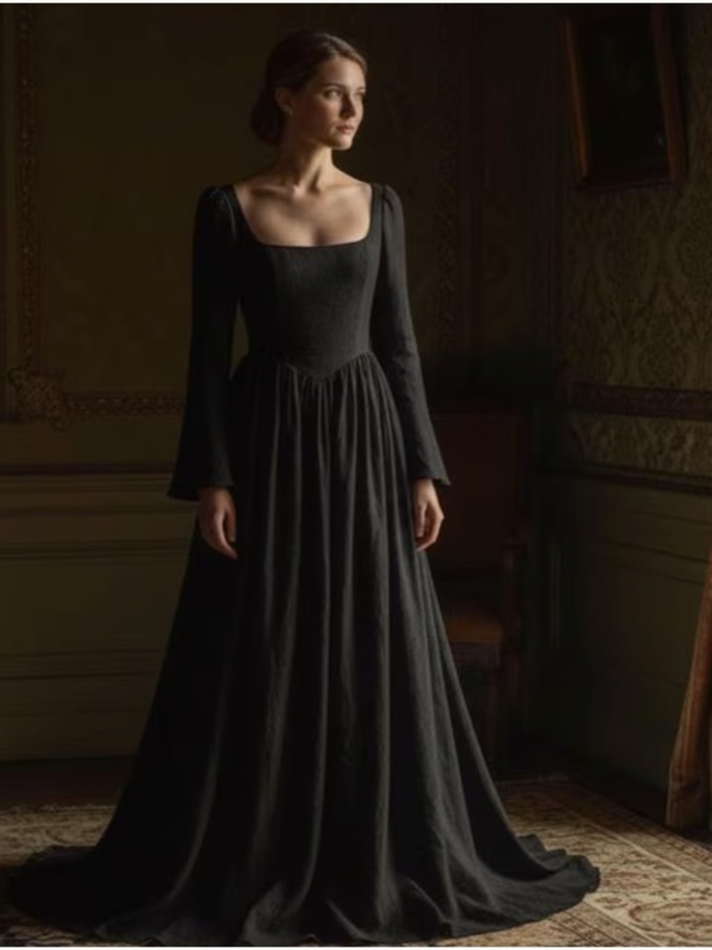 Handmade Black Linen Medieval-Style Wedding Dress Maxi Dress With Train